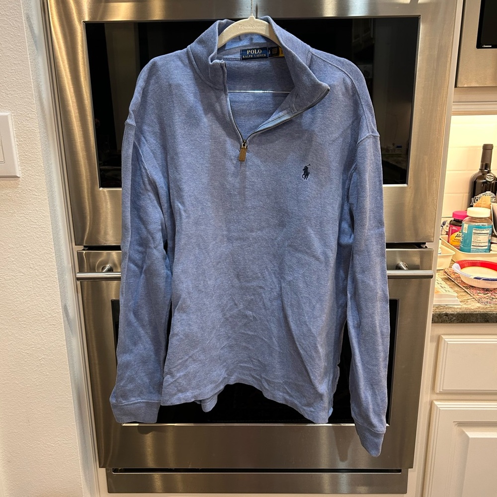 Ralph Lauren Blue quarter Zip Sweater size L has wear overall GUC